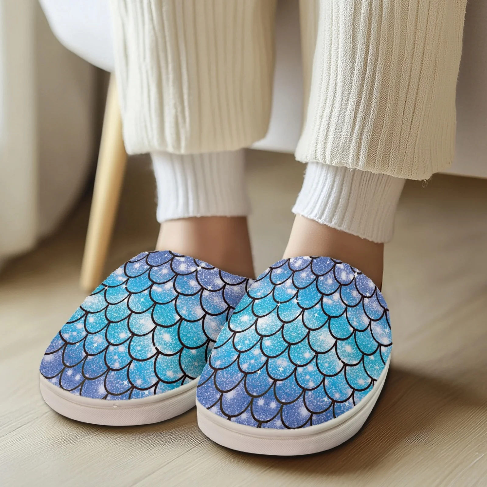 PENSTROLL Blue Scale Pattern Slip On Wide Width Plush Slides Quiet Sole Slippers For Dorm Room Cotton Slippers Size 35-47
