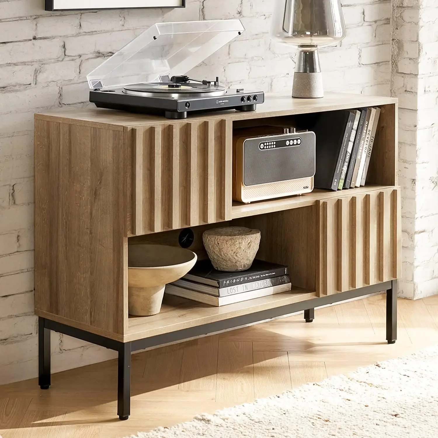 Mopio Norwin Entryway Table, Modern Rustic Industrial Farmhouse Console Sofa Table, Display Shelf, Accent Cabinet, with Metal