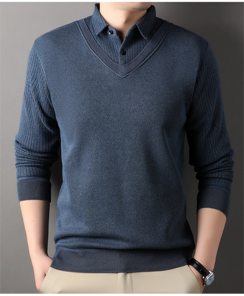 Herren Plaid Pullover Fleece Pullover Slim Fit Elegante Luxus Marke Gefälschte Zwei Stücke Gestrickte Pullover – Detail 18