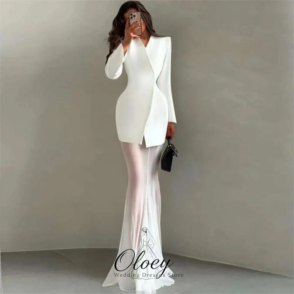 OLOEY Modern Ivory V‑Neck Long Sleeves Two Piece Reception Dress Satin Chiffon Mermaid Evening Gown Dress Customized 2026