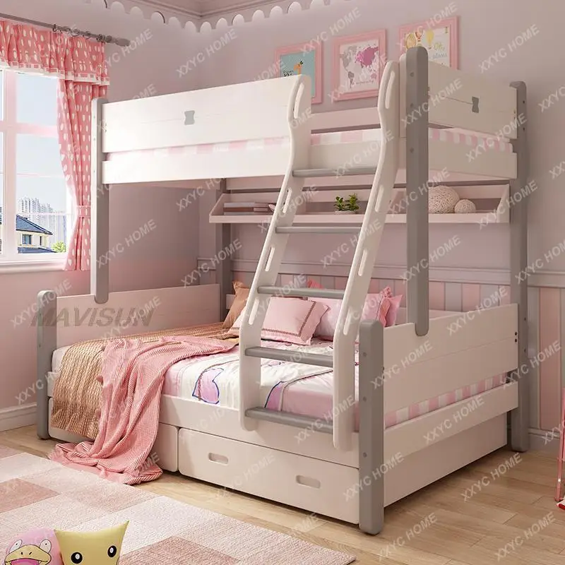 Nordic Style Small Apartment All Solid Wood Bunk Bed With Slide Princess Up Down  Bedroom Bed Multifunctional Furniture