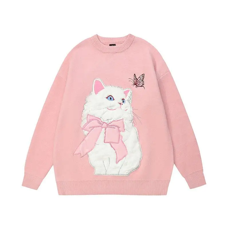 Women\'s O-neck Lazy Style Soft Waxy Cute Cat Embroidery Pullover Sweaters Autumn Winter Sweet Age-reducing Loose Casual Knitwear