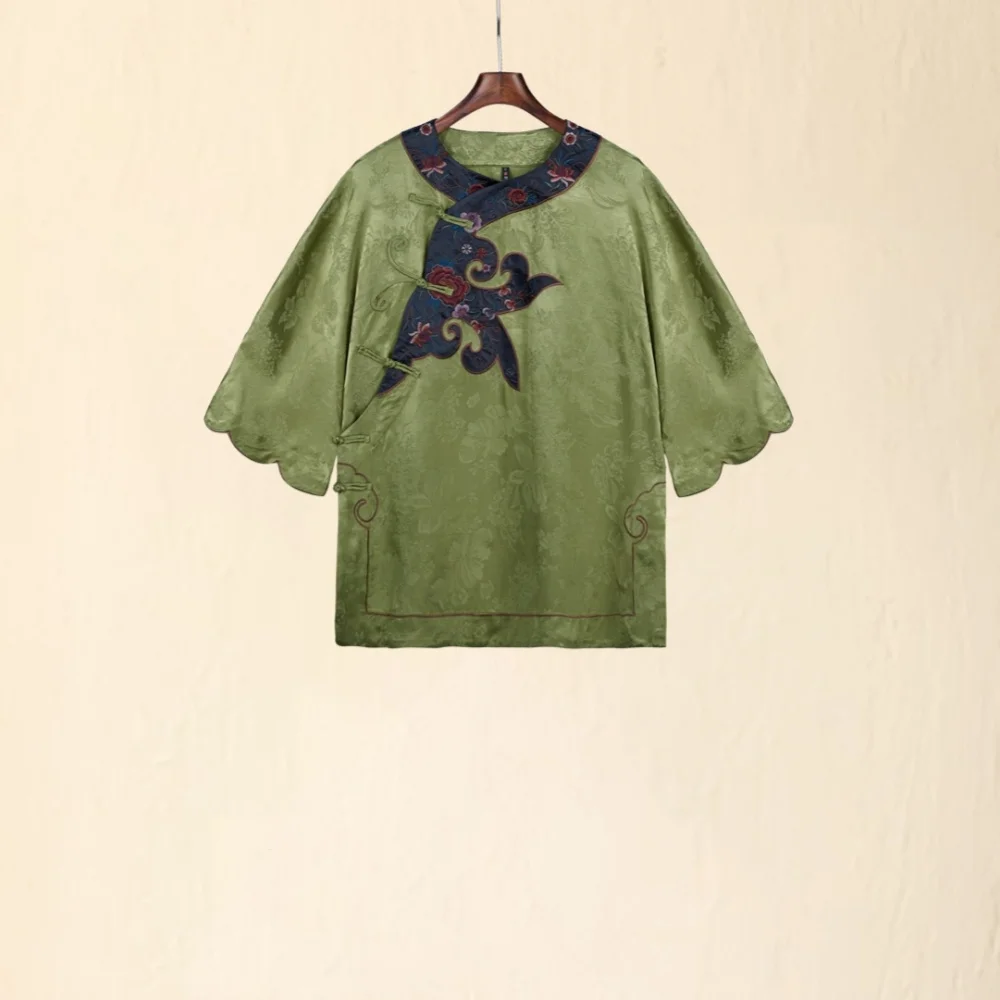 New Chinese style tops robe Green rayon national style embroidery blouses luxury jacquard loose vintage Spring clothes