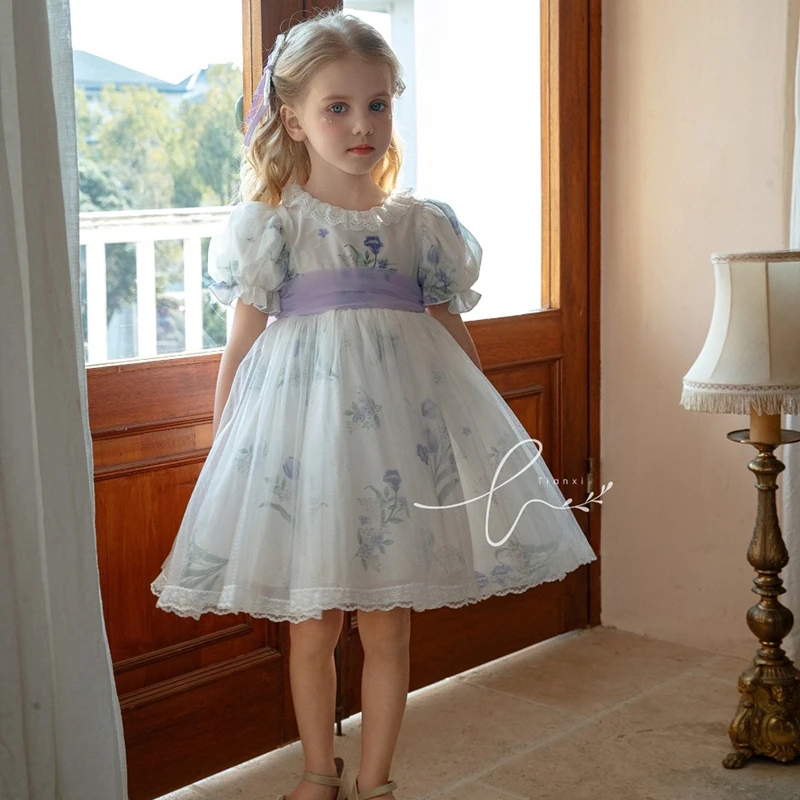 Summer New Flower Girls Princess Dress Chiffon Flower Mesh Bubble Sleeve Dress Spanish Kids Handmade Boutique Dress