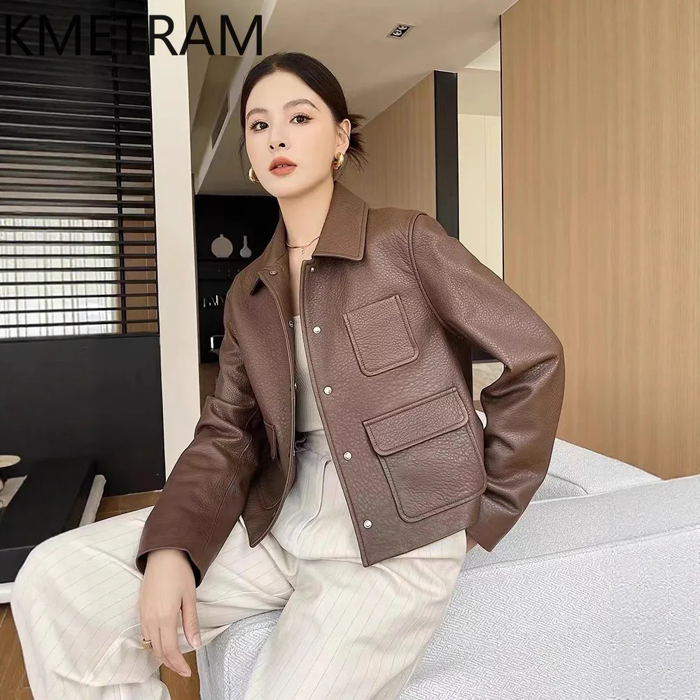 KMETRAM Genuine Leather Jacket Woman Lychee Patterned Sheepskin Short Coat Casual Loose Jackets 2026 Fall Women Clothing jaqueta