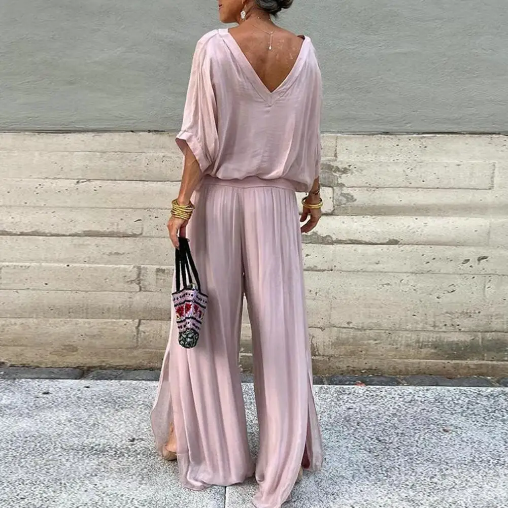 Women 2-piece Suit Elegant V Neck Pleated Top Wide Leg Pants Set for Women Soft Comfortable Outfit with Bat Sleeves High Elastic