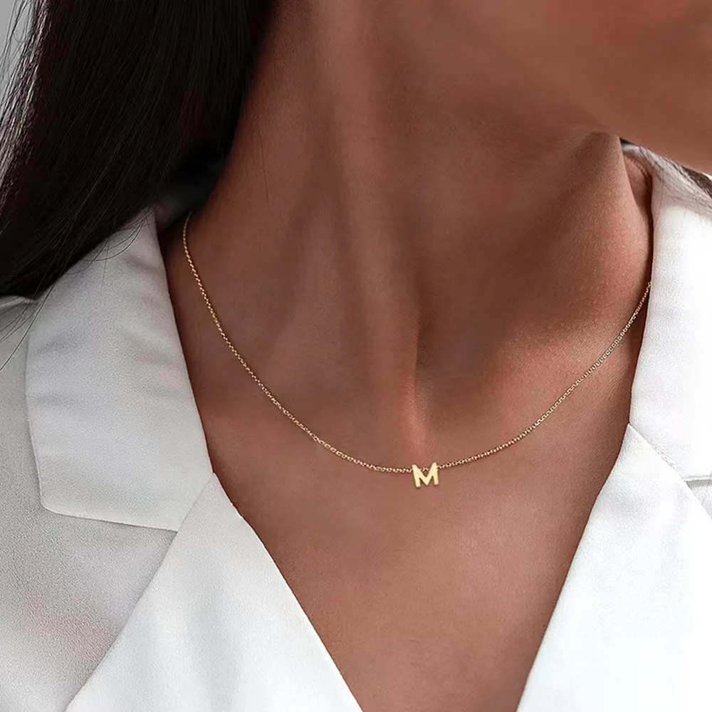 tainless steel Initial Necklace Gold Color Cut Letters Single Name Choker Necklace For Women Pendant Jewelry Gift dropshipping
