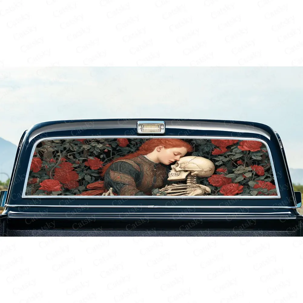 Rose Skull Kiss Gothic Art Pattern PVC Perforated Car Vinyl Wraps, Durable Car Rear Windshield Sticker, Waterproof Car Rear Wind