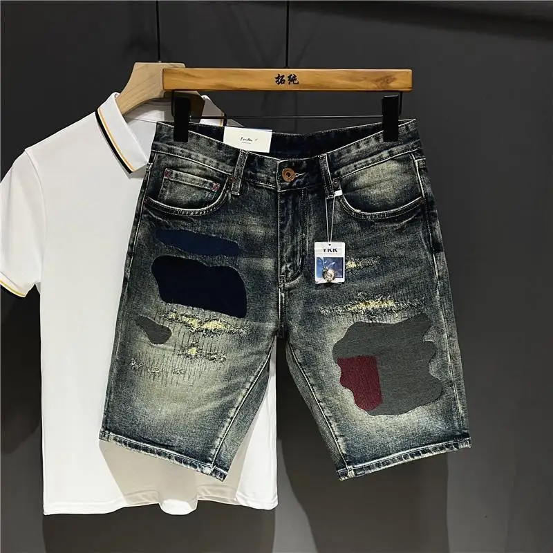 

High-end Design Brand Embroidered Elastic Denim Shorts Men's Summer Middle Pants Slim-fitting Korean Breeches Jorts Shorts