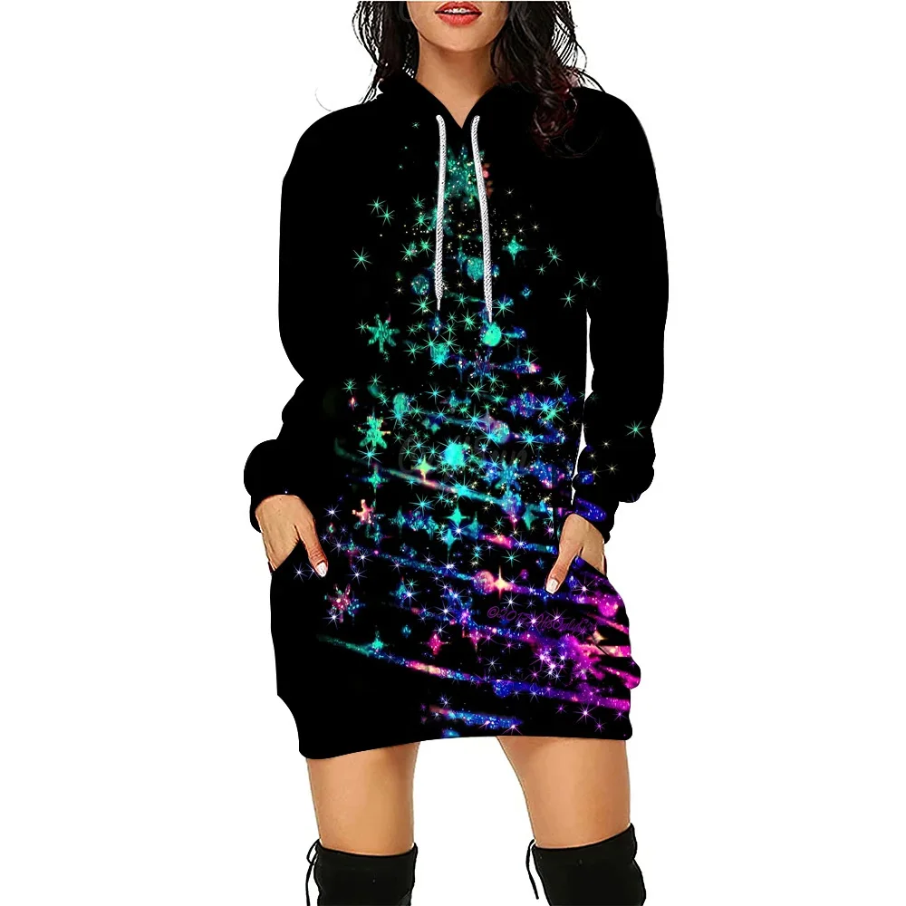 Christmas Tree Women\'s Hoodies Dress New Funny Fashion Mid-Length Pullover Autumn Women Loose Casual Sport Hoodie Dress