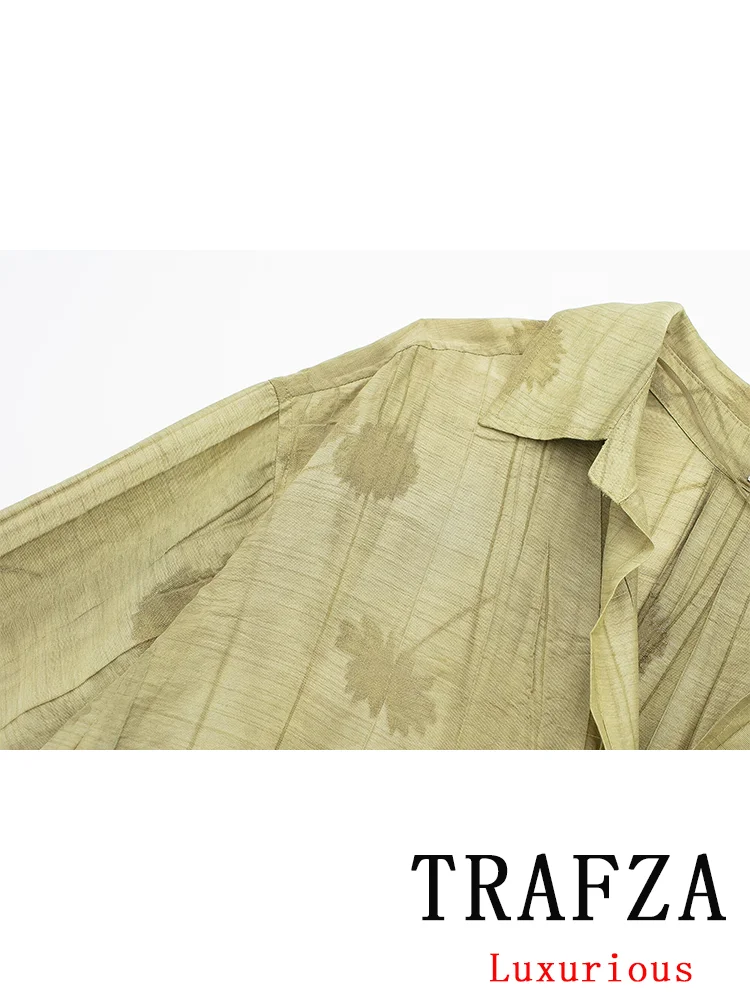 TRAFZA Vintage Green Embroidery Women Suit Single Breasted V Neck Shirts Loose Long Pants Fashion 2024 Spring Summer Sets