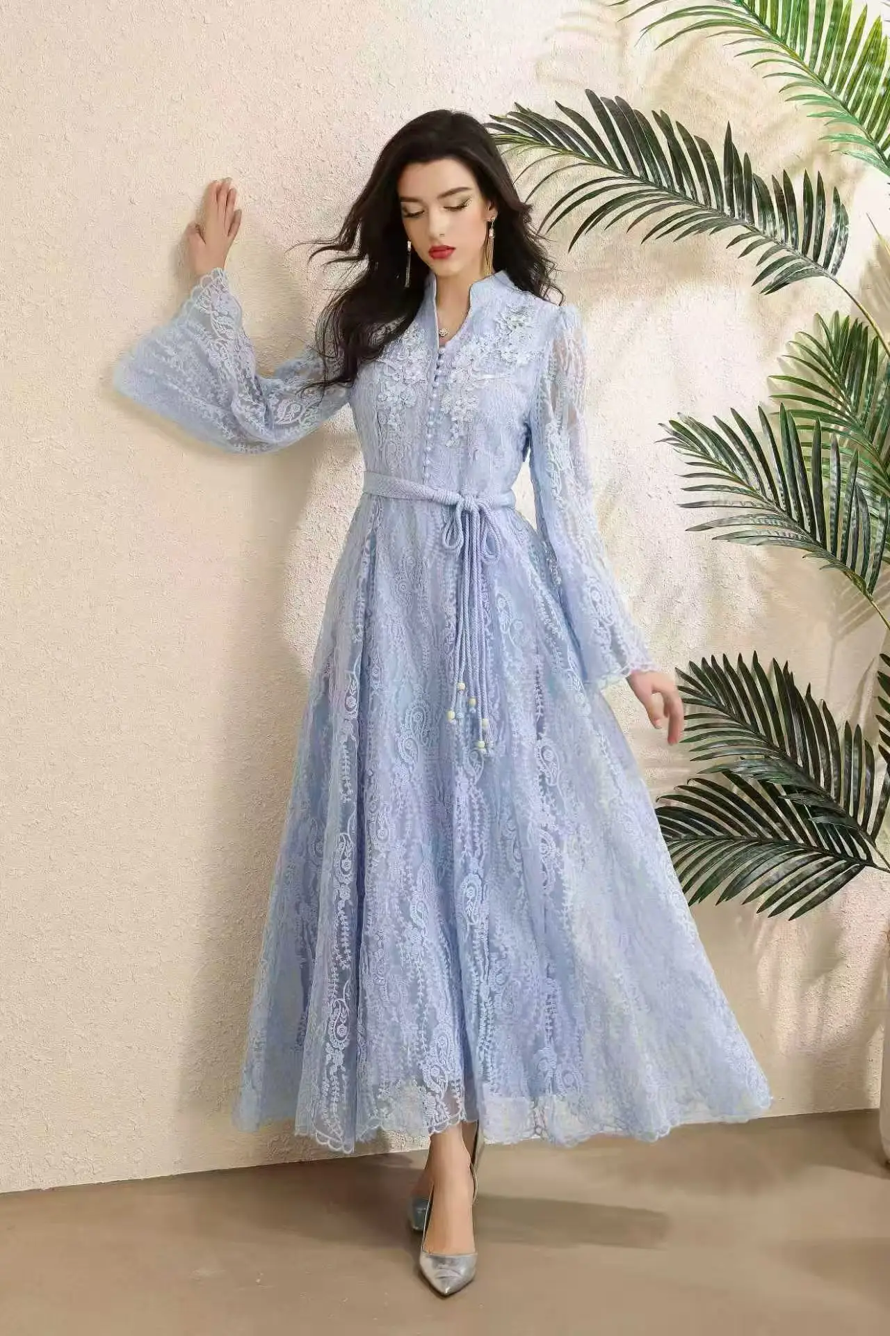 Vintage Elegant Flower Print Loose Long Sleeve Maxi Dress Shirt Women Fashion Palace Midi Vestidos Sequin Formal Evening Dresses