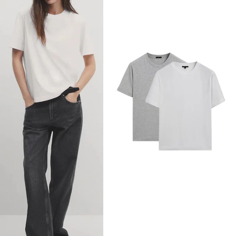 Gray System Simple Comfortable Loose Fit Boyfriend Style round Neck T-Shirt New 2024 MD Women's Casual Short Sleeve Top