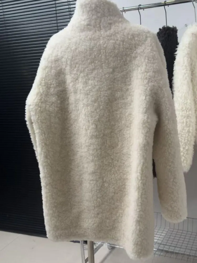Korean Style Women Real Wool Coat Stand Collar Sheep Fur Outerwear Medium-long Overcoat Loose Fit Fashion Autumn Winter Jacket