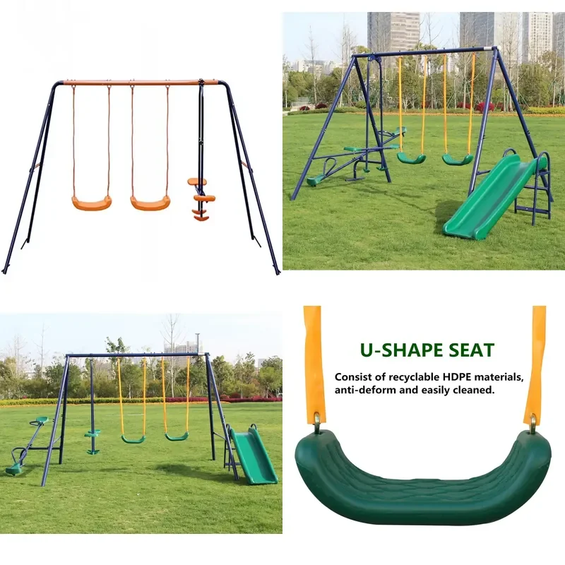 for Metal Frame Outdoor Playground Set With Slide Swing Rocker for Backyard Durable Children Play Equipment With Safety