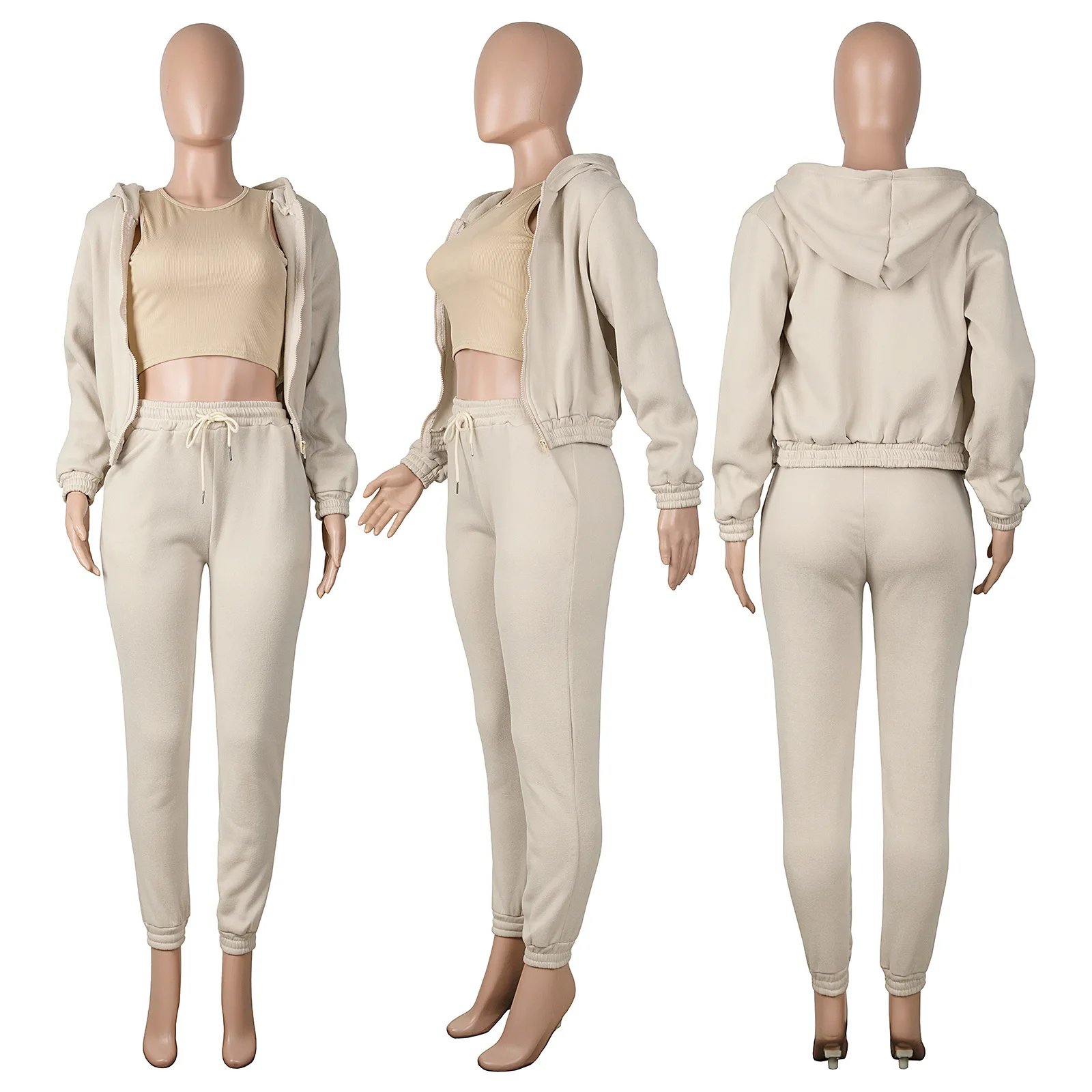 Ladies Sports Suit Hooded Cardigan Jacket & Pencil Pants & Vest 3 Piece Tracksuit Outfits Women\'S Jogging Three-Piece Set