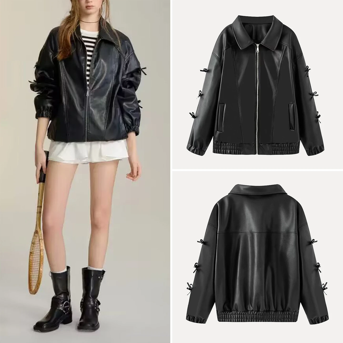 Faionable Knot Leather Jaet Damen Trendy Oberbekleidung Street Sle Loose Fit Long Sve Reißverschluss Mantel