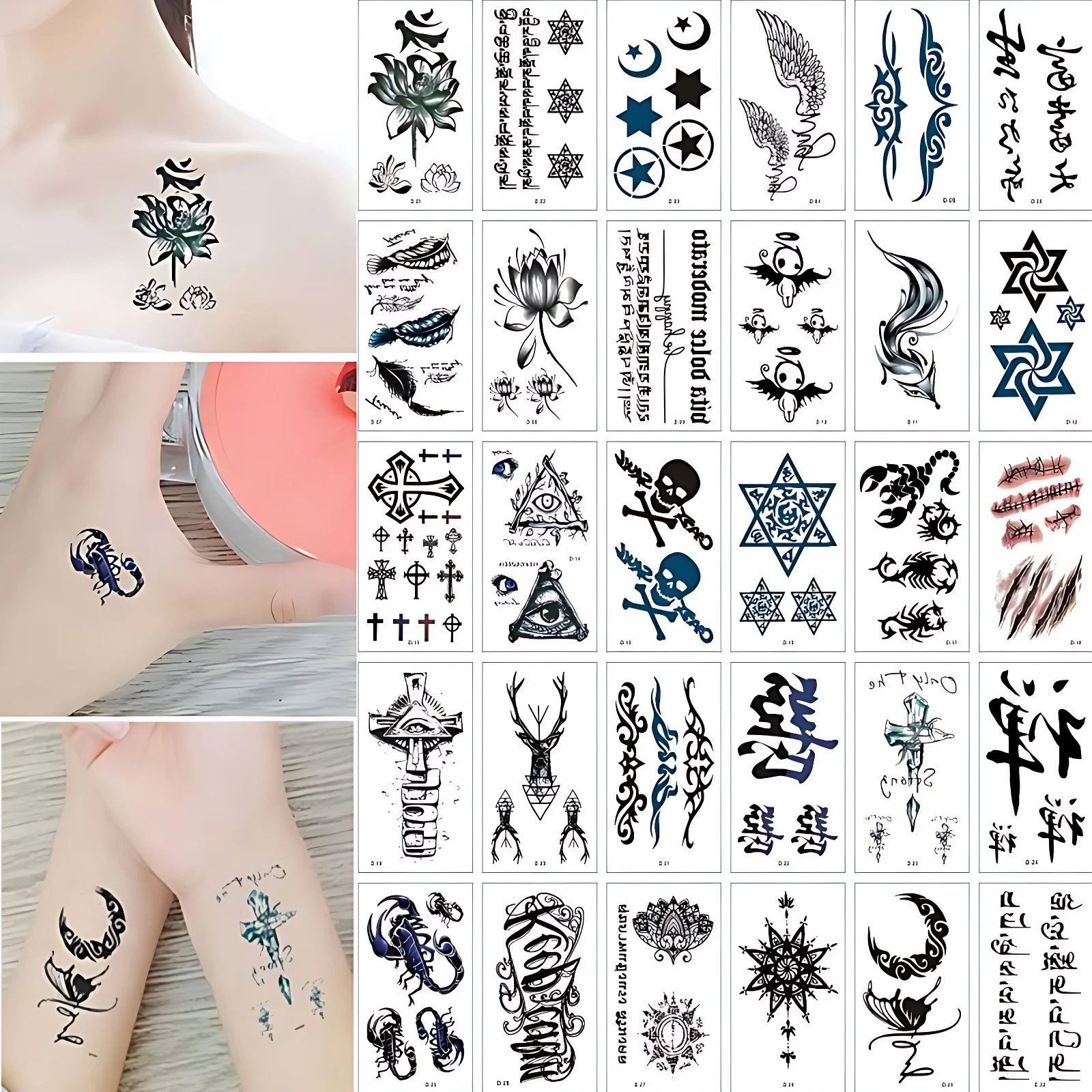 30pcs/lot Water Transfer Tattoos for Men Adult Feather Totem Angel Small Cat Bar Code Fake Tattoo Leg Arm Back Shoulder Forearm