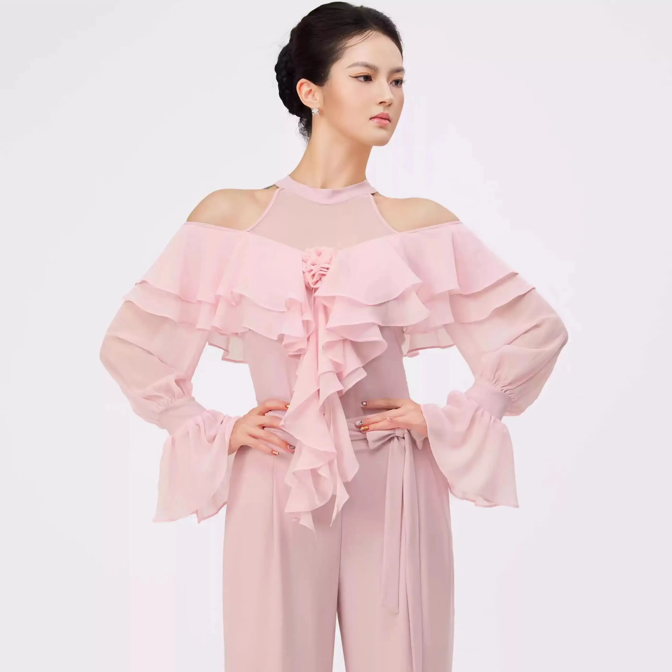 2025 女性オフショルダーメッシュジャンプスーツダンス衣装モダンダンス服チャチャタンゴラテン社交ダンス服 DN21915