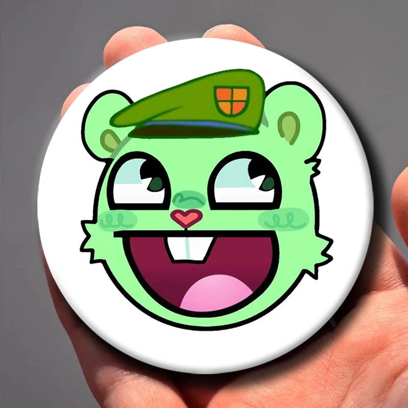 58mm 1PC Hot Anime H-Happy Tree Friends Soft Button Pin Cartoon Flakey Flippy Brooch Badge Bag Decor Accessories Friends Gifts