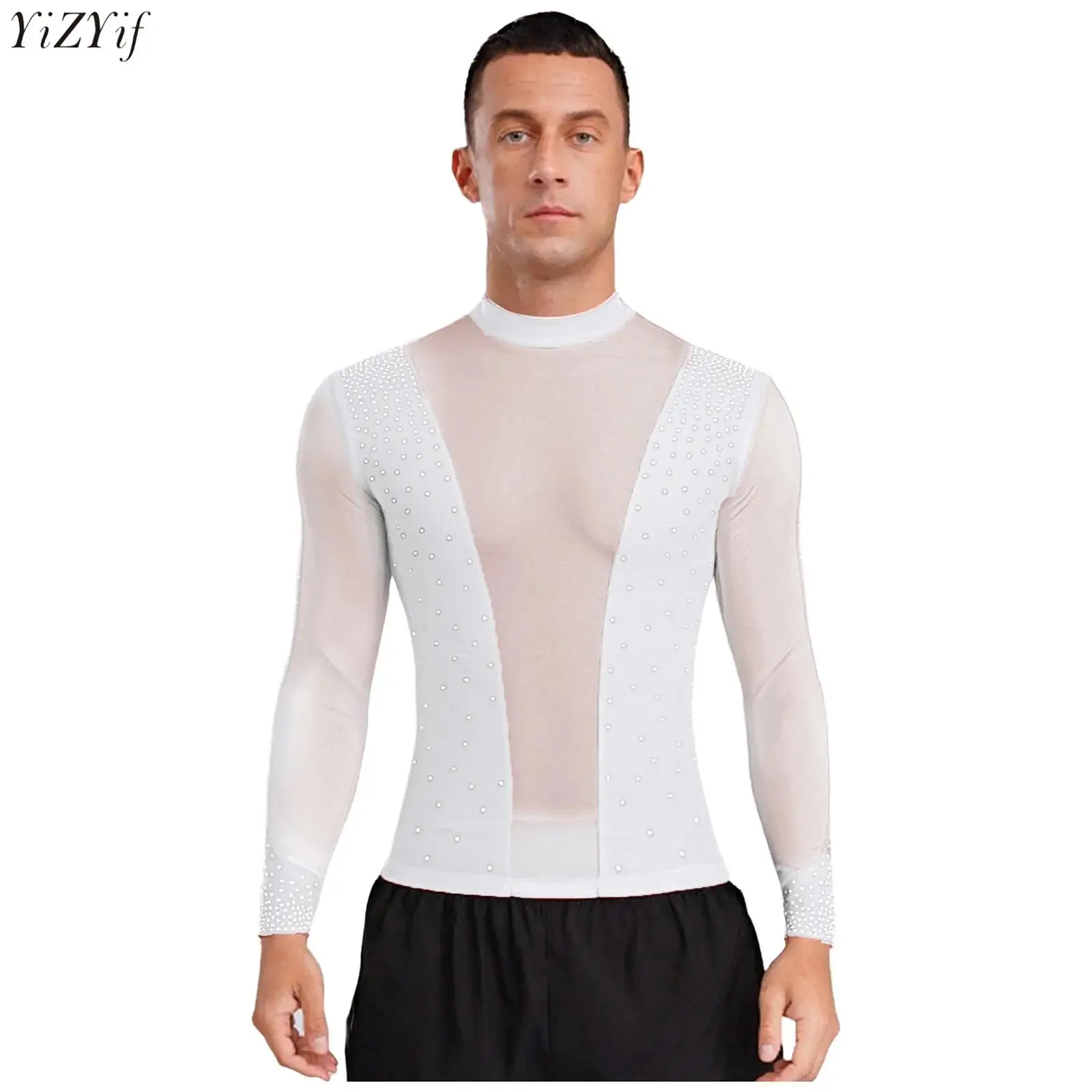 

Mens Latin Dance Top Shiny Rhinestone Sheer Mesh Patchwork Mock Neck Long Sleeve T-shirt Blouse for Ballet Chacha Tango Dancewea