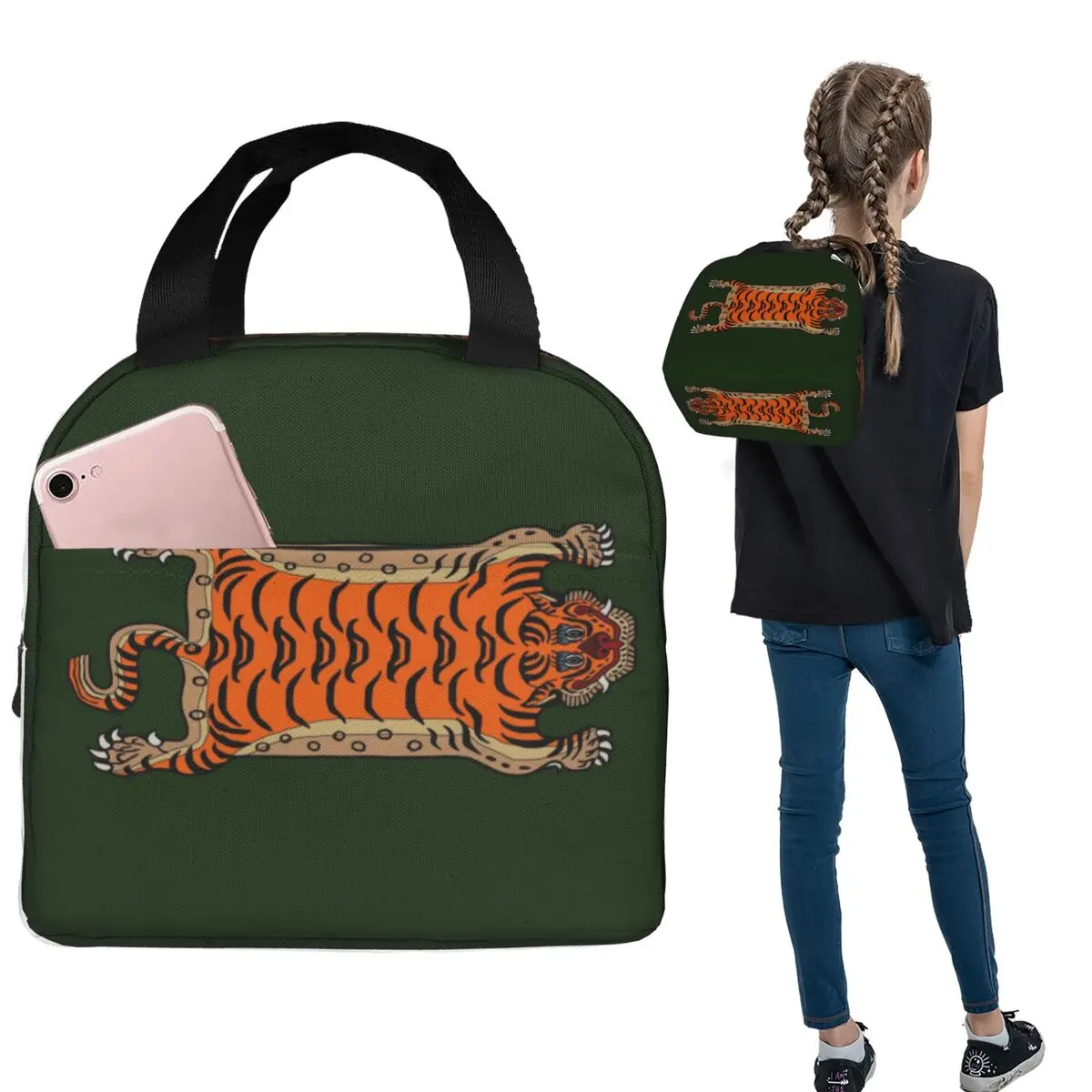 TIBETAN TIGER RUG-green Insulated Lunch Bag for Women Kids Portable Food Boxes Thermal Lunch Box Tote