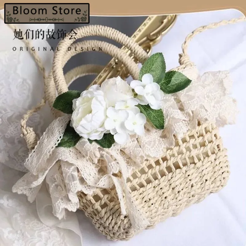

Bloom Fairycore Flower Woven Women 2025 New Vacation Sea Lolita Straw Bags Female Travel Hollow Out Beach Bag Aesthetic