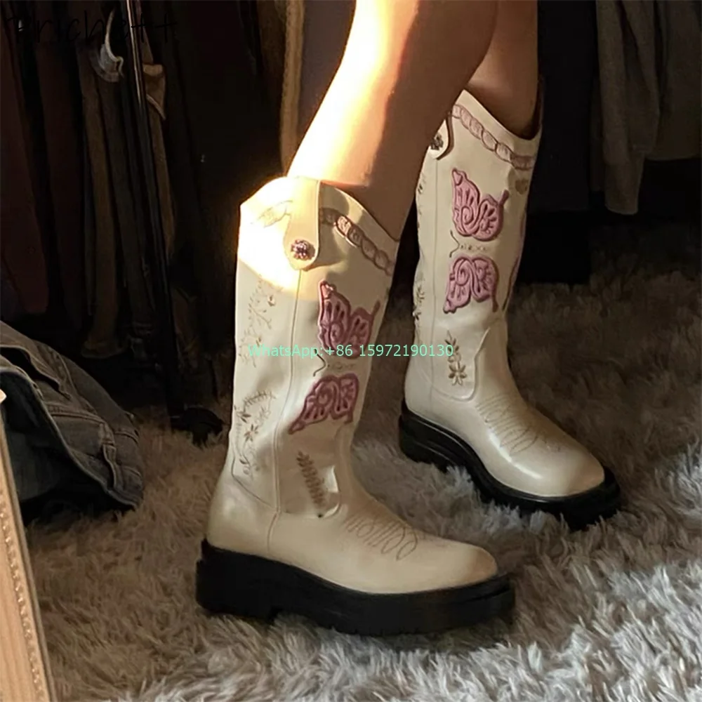 

Sewing Embroidery Mid Calf Boots Round Toe Thick Soled Printing Butterfly Slip On Shoes Winter Fashion Women's Leisure Shoes