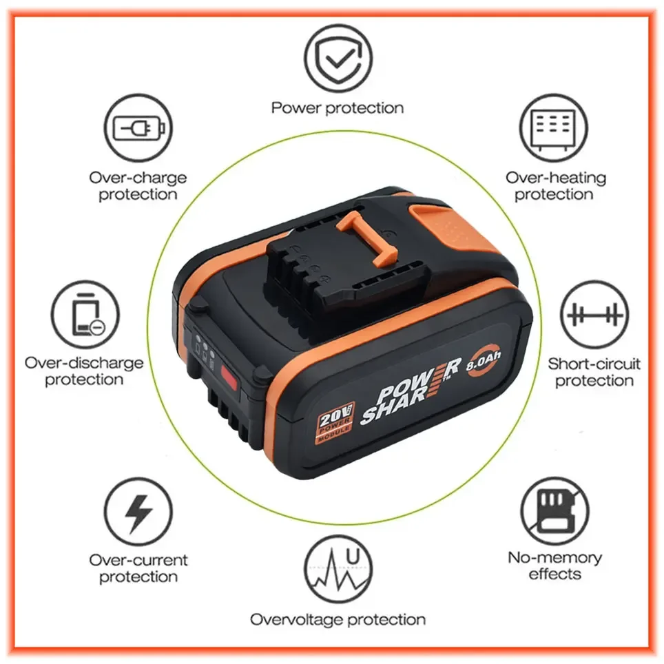 100% Original Worx WA3553 20V 8.0Ah Battery Cordless Power Tool Spare Batteriies WA3572 WA3553 WX390 WA3551 WX176 WX178 Battery