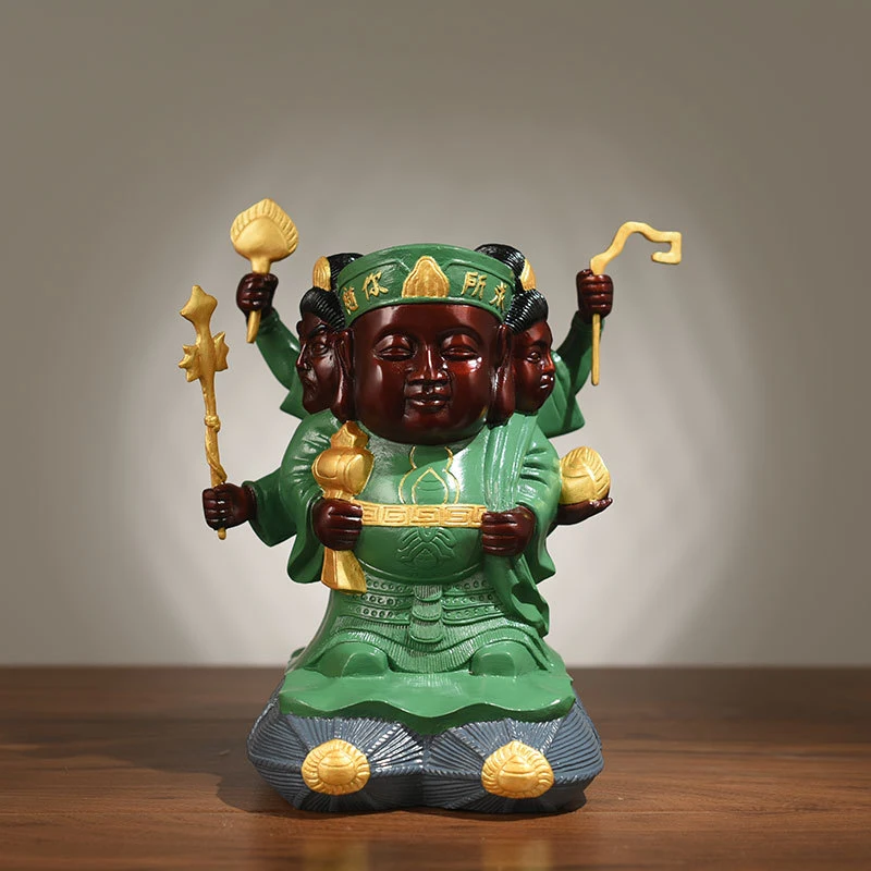 Bronze God Of Wealth Figurine, Three-Sided Mahakala Beckoning Fortune, Statue For Living Room Or Shop Opening Gift