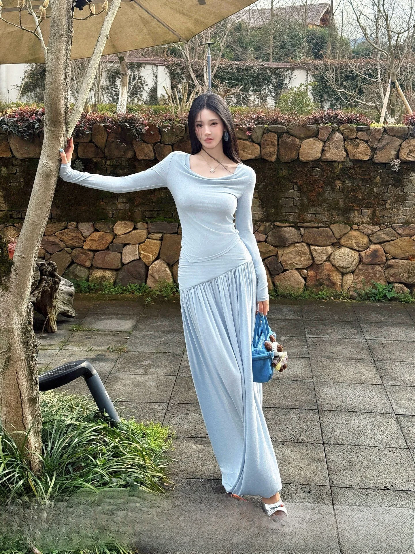 

ALIN Women's Long Sve Pleated Waist Cinching ter Ne Skirt Set Casual Spring Faion Two-Piece Ensemble