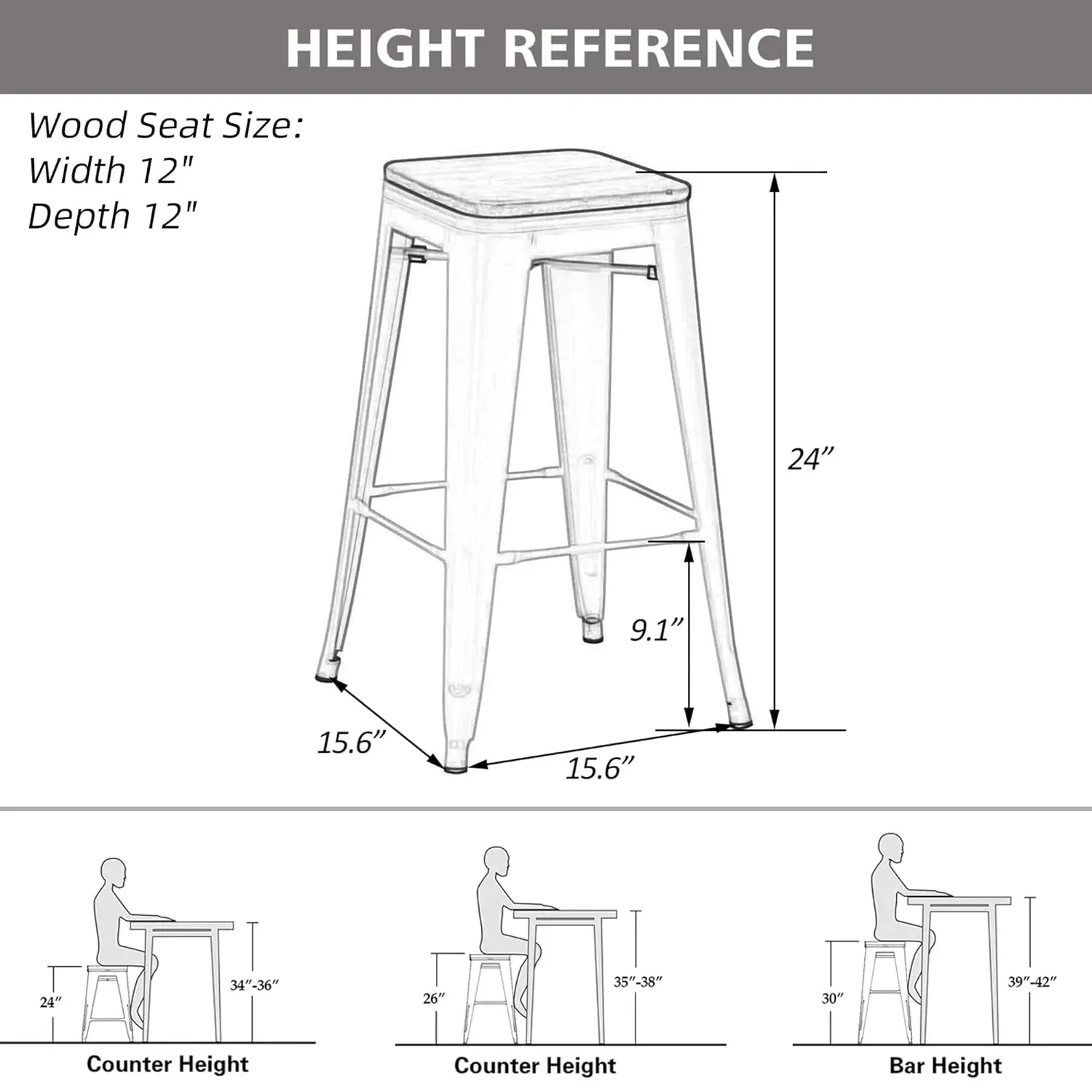 24" Backless Metal Bar Stools Set of 4 Industrial Stackable Counter Height Stools for Kitchen Island Barstools with Wood Seat