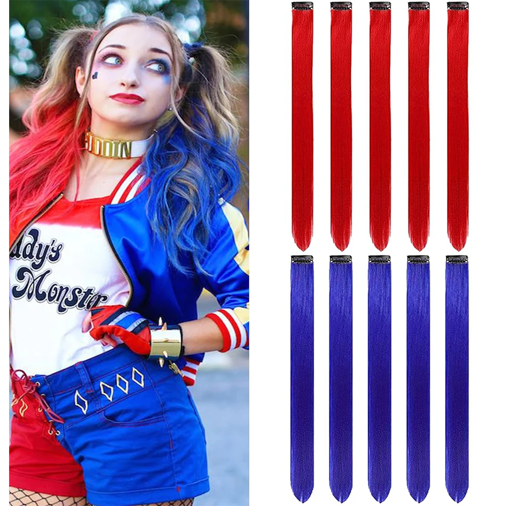 Synthetic 10 PC Hair Extensions Red and Blue Clip in SOlldag Colored Party Highlights Straight Hairpiece for Kids Girls Women