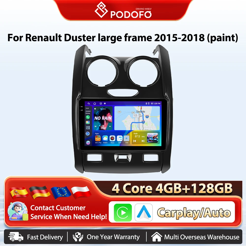 Podofo 9'' Wireless Carplay Android Auto Radio für Renault Duster mit großem Rahmen 2015-2018 (lackiert) Intelligente Autosysteme GPS-Navigation BT FM/RDS 2din Autoradio Plug&Play Head Unit SWC