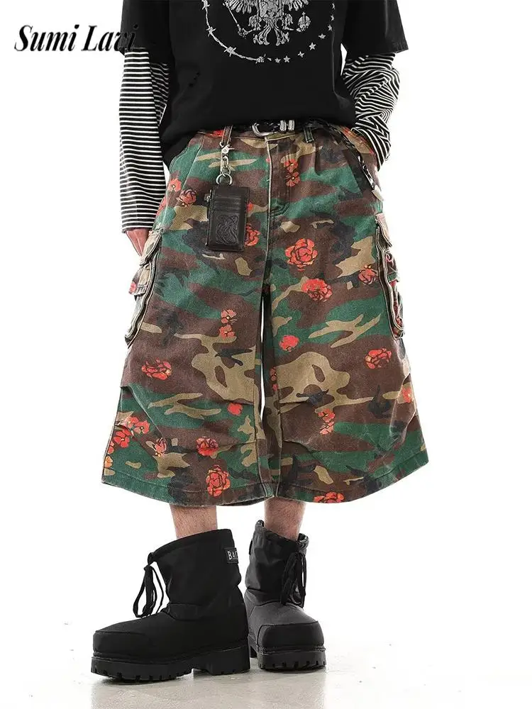 Knee-length Fit Straight Design Camouflage Print Leisureful Multi-Pocket Work Pants Loose Fitting Camouflage Summer Shorts Mens