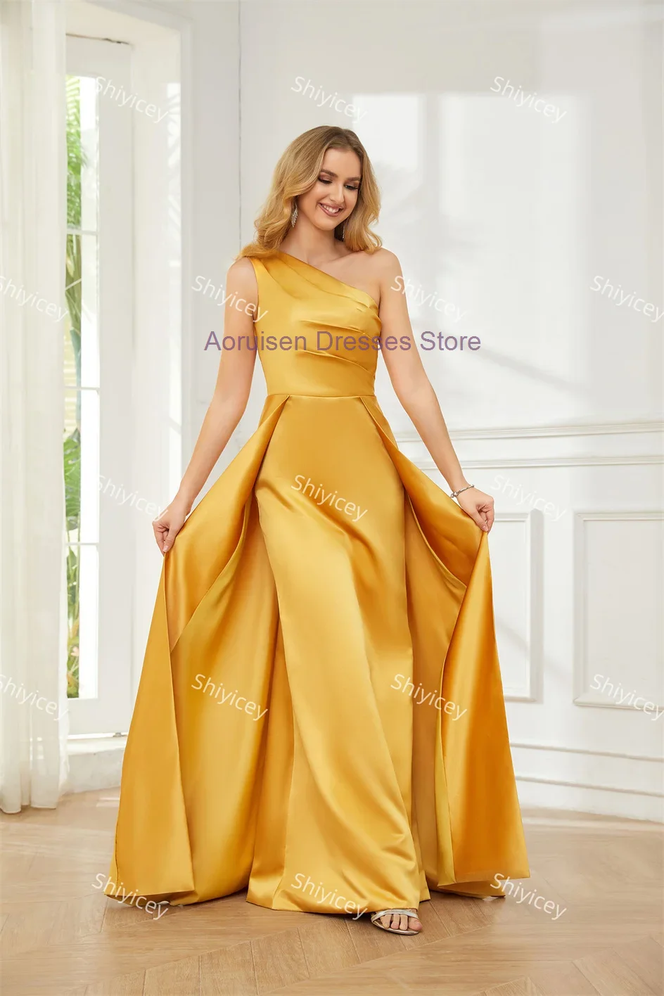 

One Shoulder A-line Satin Prom Dress Simple Sleevesless Floor-Length Slit Gowns Formal Elegant Eveninig Long Party Dresses