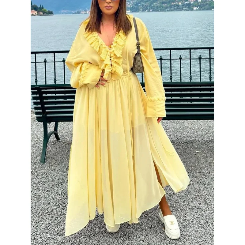 

Fashion Women's Yellow Chiffon Shirt And Skirt Set Summer Outfit with Tiered Lace-Up Design Pleated Long Skirt Zipper Closure