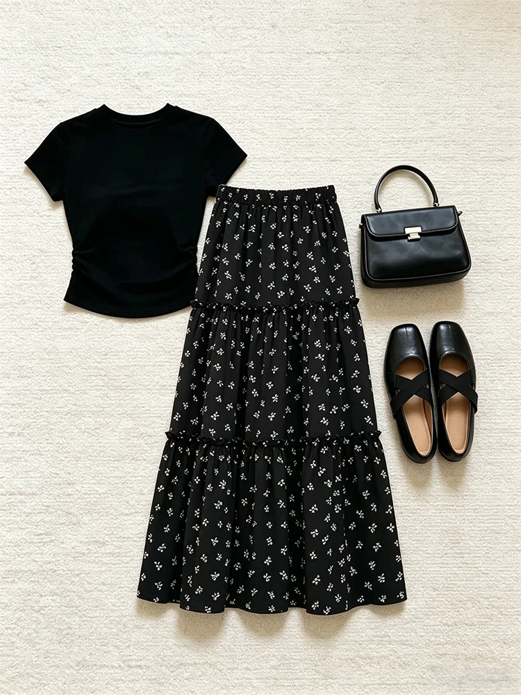 Floral Print A-Line Midi Skirt High Waist Short Sleeve Women's T-Shirt Summer Design Sense Meat Cover Cake Skirt