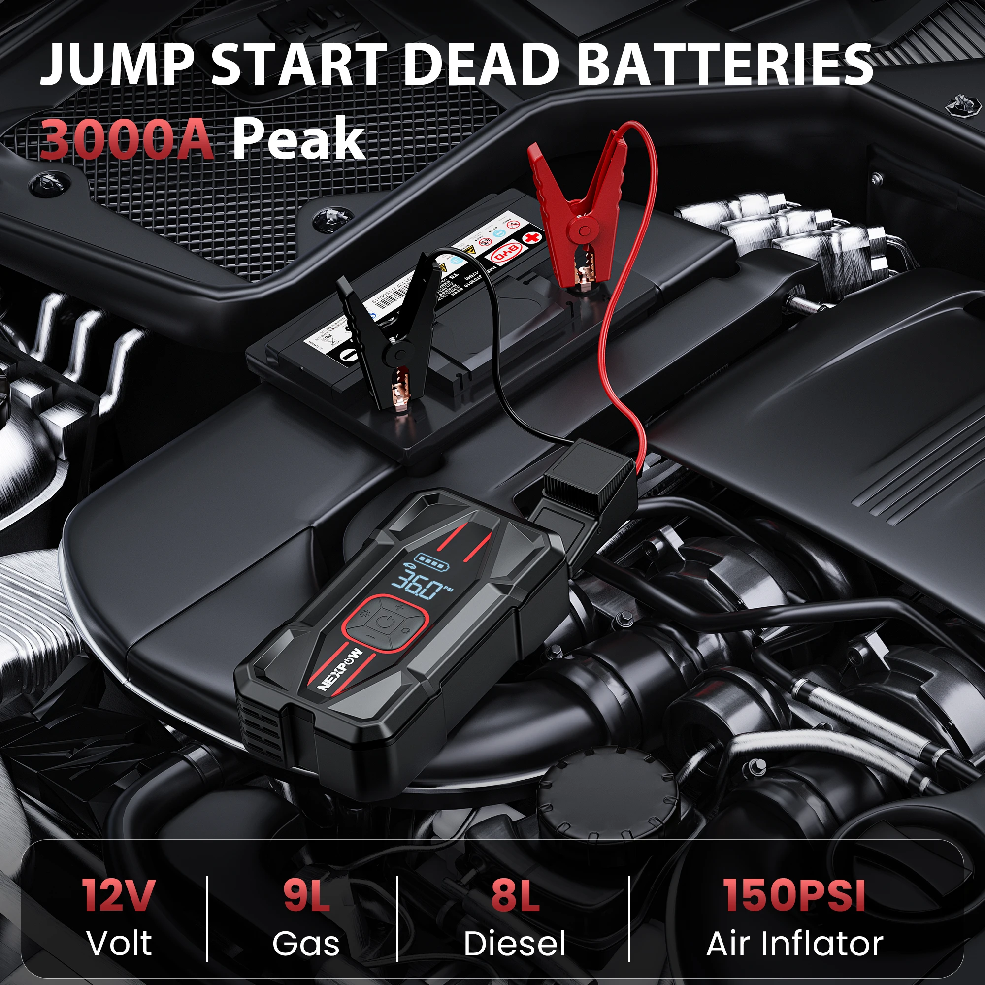 NEXPOW 3000A Car Jump Starter وضاغط الهواء - معزز بطارية محمول 12 فولت 59.2 وات في الساعة مع شحن سريع PD 30 وات، مضخة هواء 150 رطل لكل بوصة مربعة، S