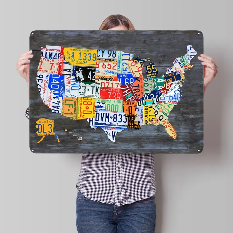 License Plate Map of the USA on Gray Wood Planks Metal Poster Decoration for Home Sign Club America Room Decor Aesthetics Wall