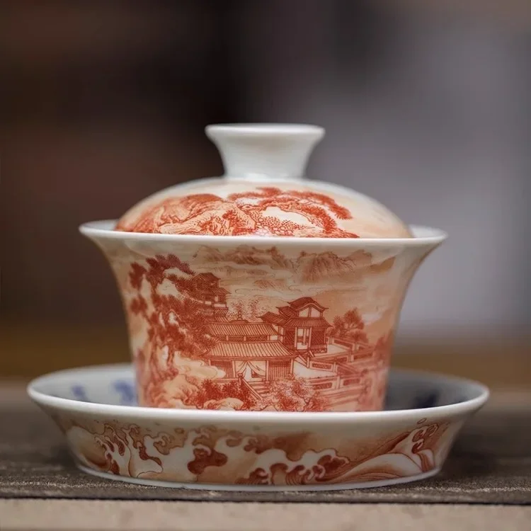 Jingdezhen Yanhong Landscape Horseshoe Cover Bowl Not Hot Tea Bowl Household Ceramic Kung Fu TeaSet Pot Bearing Master Cup Gift