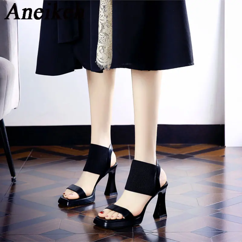 Aneikeh Brand Thick Sole Sandals 2023 Women New Open Toe Ankle Elastic Band Elastic Fabric High Heel Charm Goddess Collection