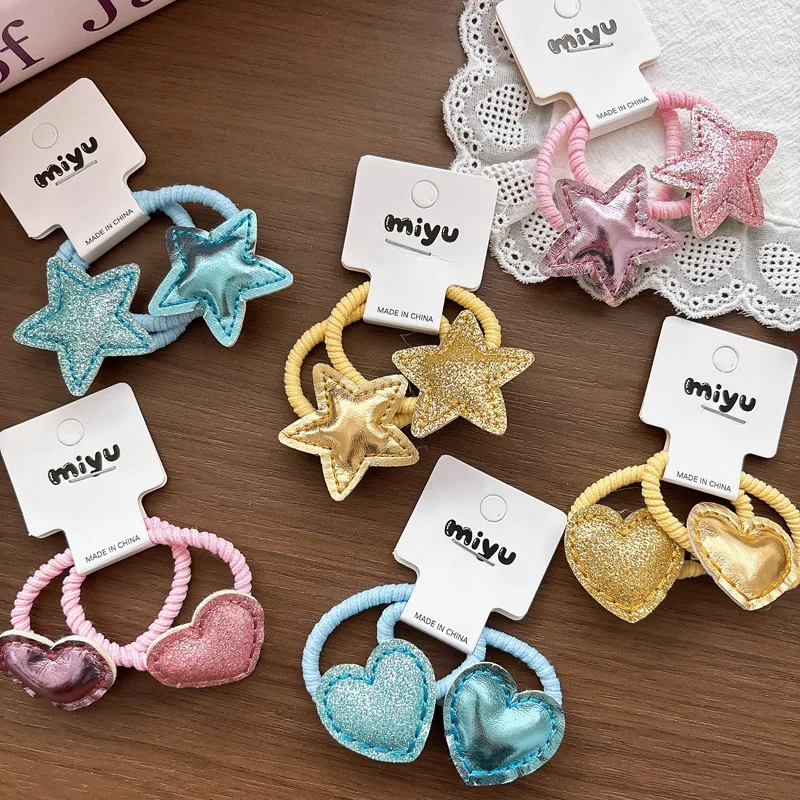 

Корейские милые резинки для волос из искусственной кожи с блестками и звездами для детей, универсальные резинки для волос в форме сердца, милые аксессуары для волос на каждый день