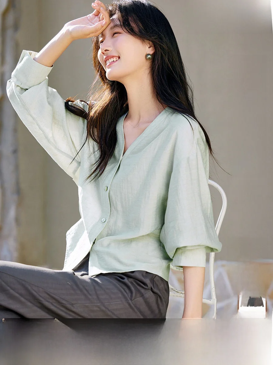 

Slimming Mint Wave Green Shirt Women's V-neck Waist-cinching Straight-cut Polyester Fiber Long Sleeve Commute Style Spring Su...