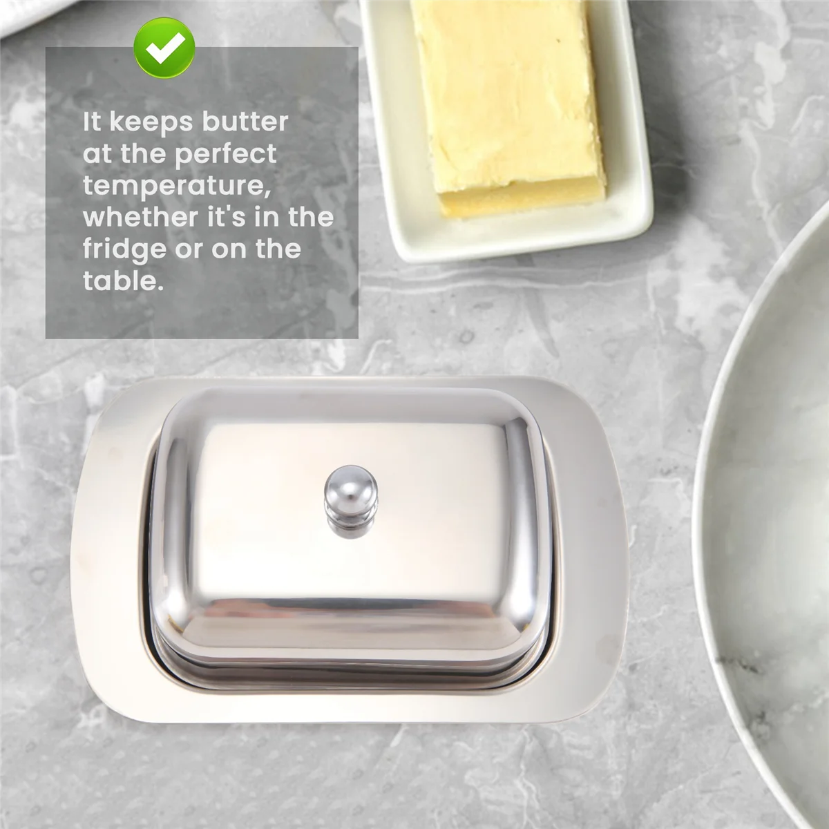 RIRI Lujosa recipiente para platos de mantequilla de acero inoxidable, bandeja de almacenamiento para servidor de queso brillante con tapa fácil de sostener