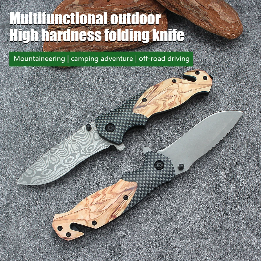 Outdoor Folding Knife Camping Survival High Hardness Stainless Steel Portable Multi-Purpose Damascus Pattern Pocket Knife