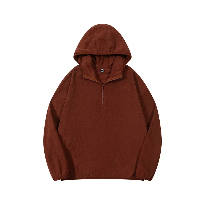 Polar fleece hooded sweatshirt with fleece for outdoor warmth, couple's long sleeved sweatshirt for autumn and winter