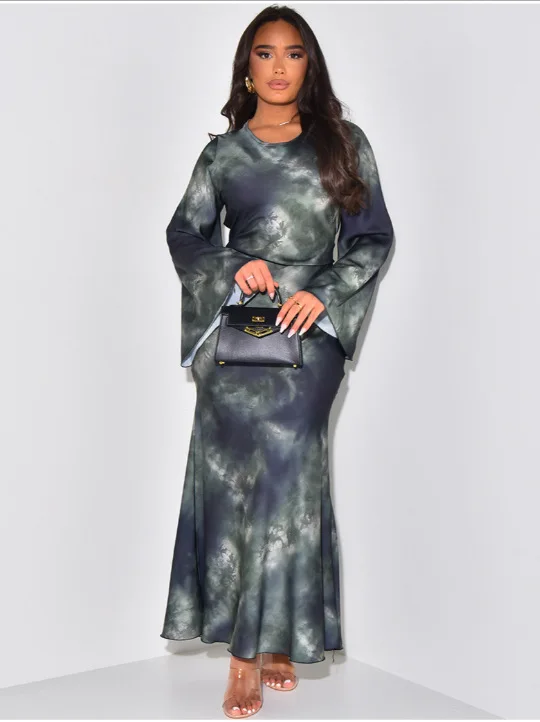 럭셔리 새틴 드레스 오버사이즈 보태니컬 프린트 릴랙스 드레스 플로잉 실키 엘레강트 드레스 여름 해변 저녁 볼가운