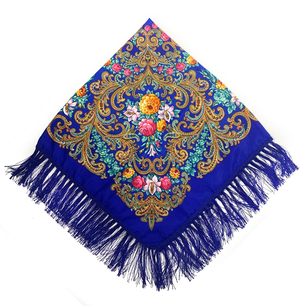 Retro Style Ukrainian Fringed Shawl Russian Floral Print Square Scarf Babushka Bandana Handkerchief Female Head Wraps