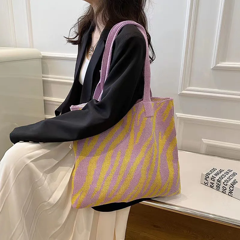 

Stylish Striped Knitting Woven Handbag Shoulder Bag Large Capacity Tote Underarm Bags for Women Daily Use, Work, Shopping Outing